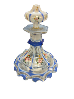 Vintage Blue & White Floral Hand Painted Perfume Bottle With Lid 5”