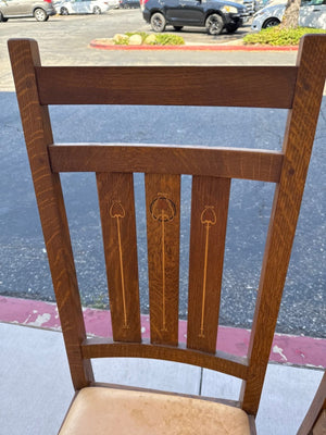Pair of Stickley Harvey Ellis Wooden Dining Chairs with Tall Slat Backs, Back Inlay, and Tan Upholstered Seats (Set of 2)