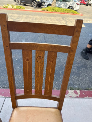 Pair of Stickley Harvey Ellis Wooden Dining Chairs with Tall Slat Backs, Back Inlay, and Tan Upholstered Seats (Set of 2)