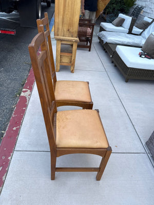 Pair of Stickley Harvey Ellis Wooden Dining Chairs with Tall Slat Backs, Back Inlay, and Tan Upholstered Seats (Set of 2)