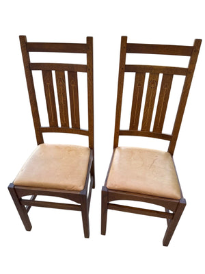 Pair of Stickley Harvey Ellis Wooden Dining Chairs with Tall Slat Backs, Back Inlay, and Tan Upholstered Seats (Set of 2)