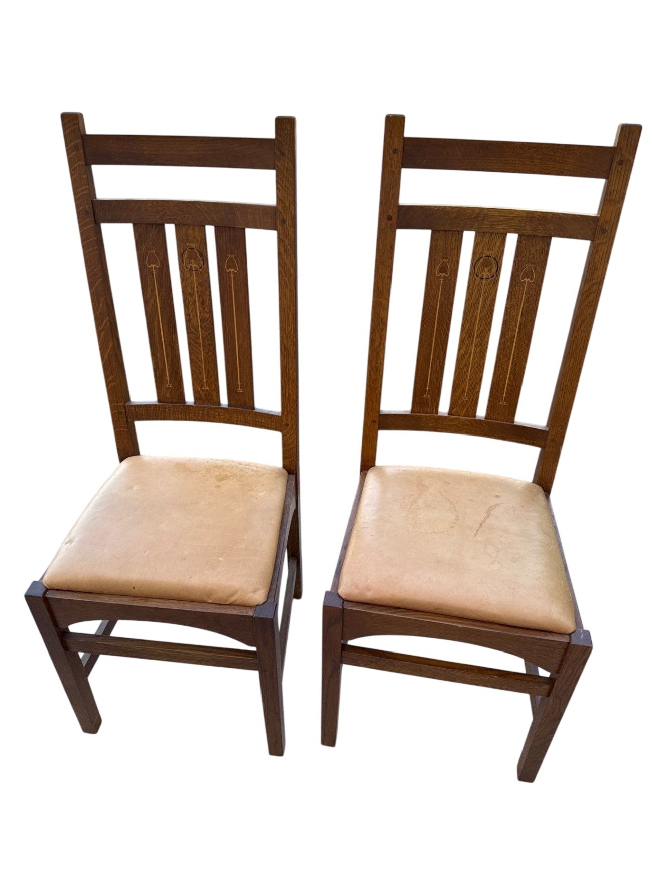 Pair of Stickley Harvey Ellis Wooden Dining Chairs with Tall Slat Backs, Back Inlay, and Tan Upholstered Seats (Set of 2)