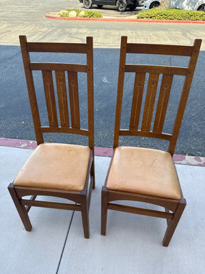 Pair of Stickley Harvey Ellis Wooden Dining Chairs with Tall Slat Backs, Back Inlay, and Tan Upholstered Seats (Set of 2)