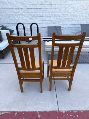 Pair of Stickley Harvey Ellis Wooden Dining Chairs with Tall Slat Backs, Back Inlay, and Tan Upholstered Seats (Set of 2)