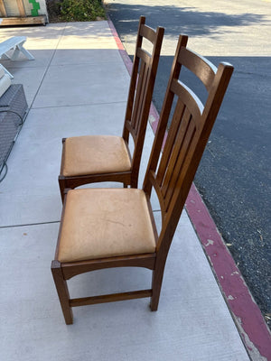 Pair of Stickley Harvey Ellis Wooden Dining Chairs with Tall Slat Backs, Back Inlay, and Tan Upholstered Seats (Set of 2)