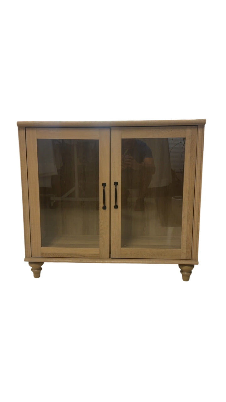 Natural Oak Two-Door Glass Front Display Cabinet / Sideboard