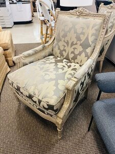 Louis XVI Style Carved & Giltwood Champagne Satin Fauteuil Armchairs (Pair) Includes Lumbar