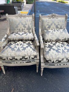 Louis XVI Style Carved & Giltwood Champagne Satin Fauteuil Armchairs (Pair) Includes Lumbar