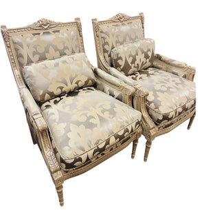 Louis XVI Style Carved & Giltwood Champagne Satin Fauteuil Armchairs (Pair) Includes Lumbar