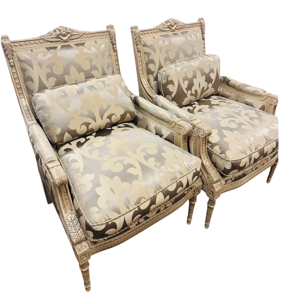 Louis XVI Style Carved & Giltwood Champagne Satin Fauteuil Armchairs (Pair) Includes Lumbar