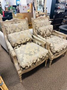 Louis XVI Style Carved & Giltwood Champagne Satin Fauteuil Armchairs (Pair) Includes Lumbar