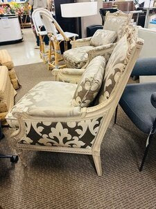 Louis XVI Style Carved & Giltwood Champagne Satin Fauteuil Armchairs (Pair) Includes Lumbar
