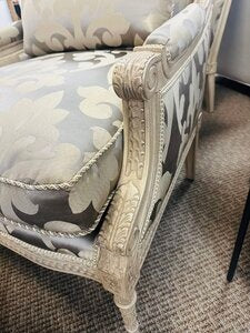 Louis XVI Style Carved & Giltwood Champagne Satin Fauteuil Armchairs (Pair) Includes Lumbar