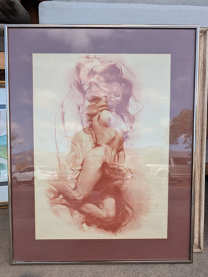 Sepia Nude Reclining Female Figure Red Chalk (Sanguine) Style Print in Silver-Tone Metal Frame, Double Mat