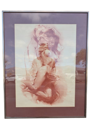Sepia Nude Reclining Female Figure Red Chalk (Sanguine) Style Print in Silver-Tone Metal Frame, Double Mat