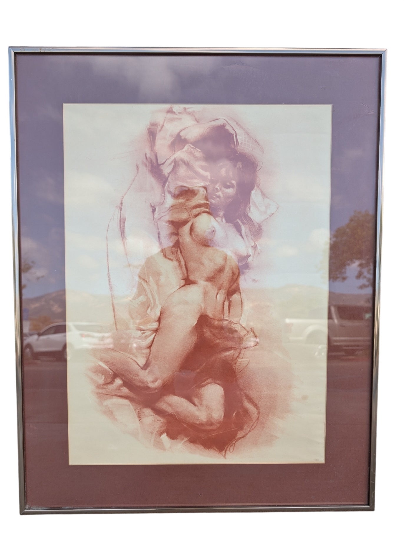 Sepia Nude Reclining Female Figure Red Chalk (Sanguine) Style Print in Silver-Tone Metal Frame, Double Mat