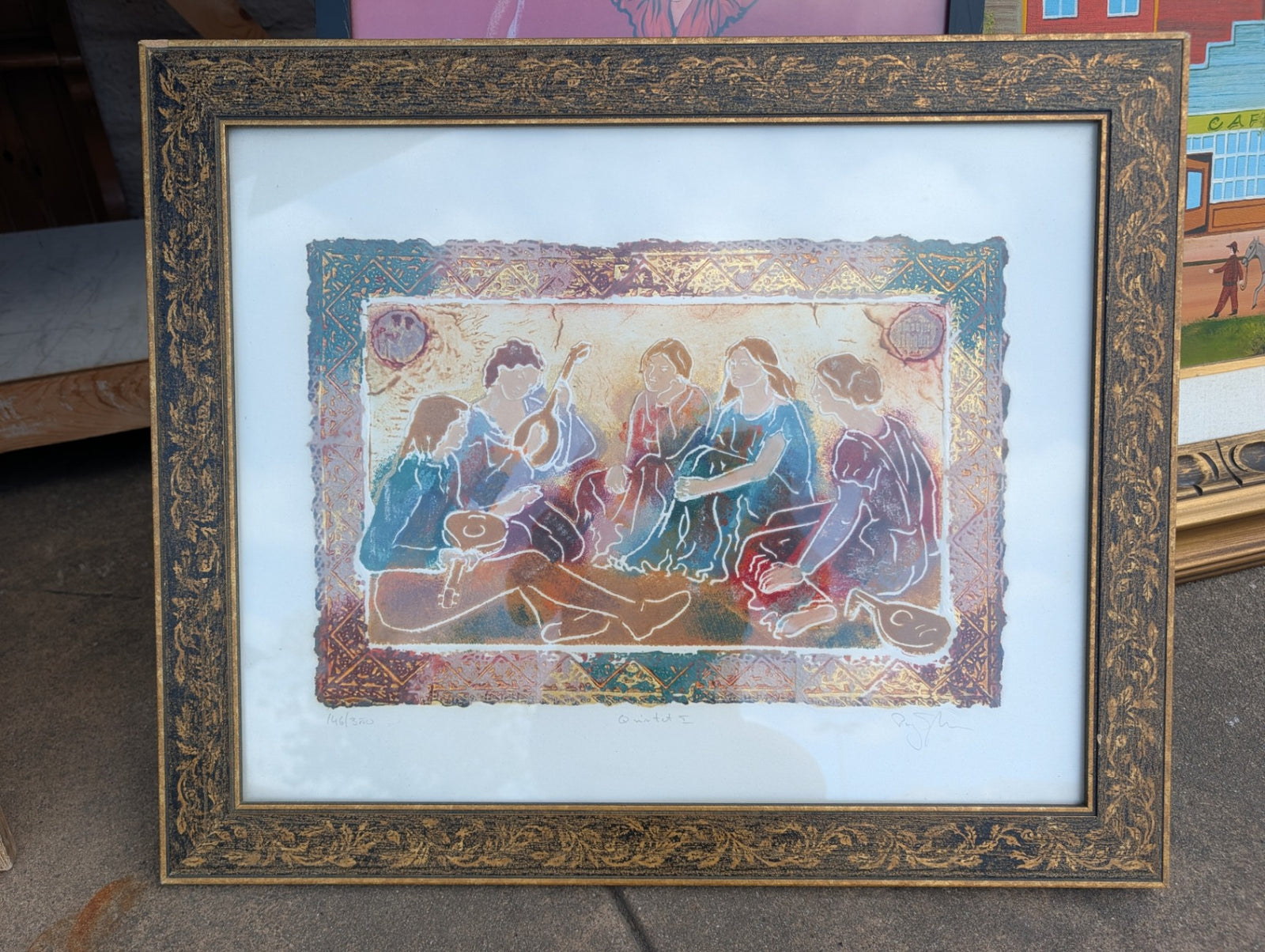 Roy Tonkin “Quartet II” Framed Limited-Edition Serigraph Print, Textured Musicians Figures, Decorative Border