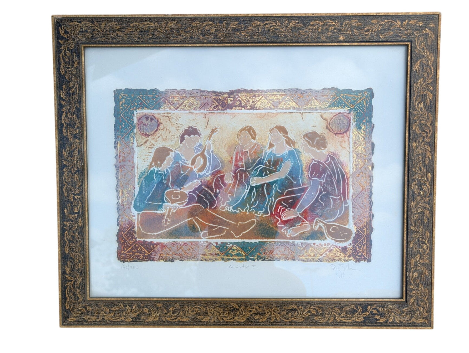 Roy Tonkin “Quartet II” Framed Limited-Edition Serigraph Print, Textured Musicians Figures, Decorative Border
