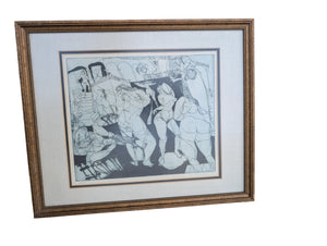 Black and white pen and ink drawing of women