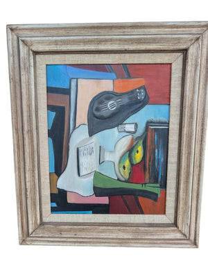 Hand-Painted Reproduction of Pablo Picasso Cubist Still Life “Guitar, Glass and Fruit” (1924) in Mid-Century Wood & Burlap Liner Frame