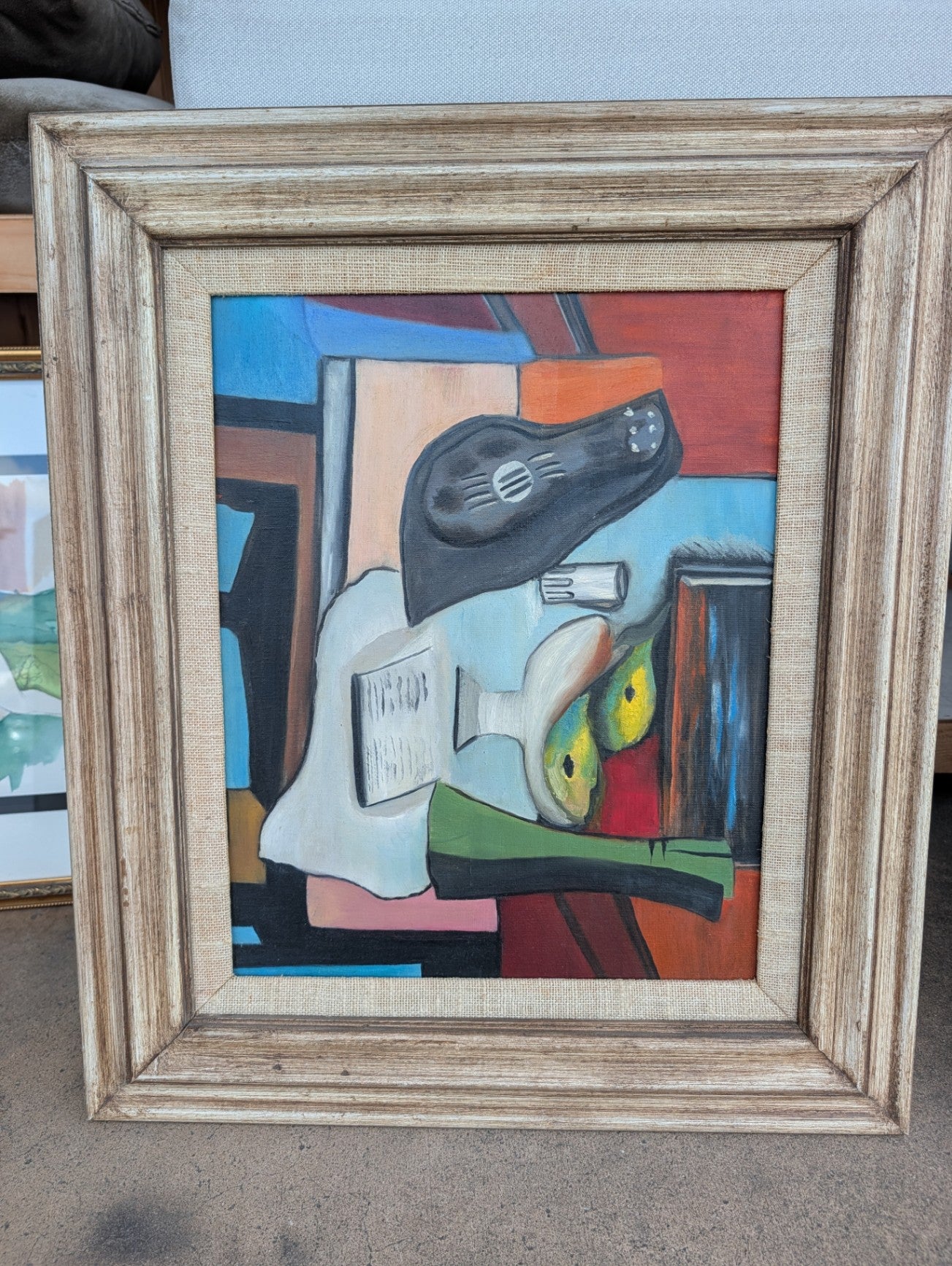 Hand-Painted Reproduction of Pablo Picasso Cubist Still Life “Guitar, Glass and Fruit” (1924) in Mid-Century Wood & Burlap Liner Frame