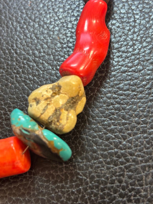 Artisan Turquoise & Mixed-Stone Necklace Turquoise Coral-Style Branch Tiger's Eye Carnelian 925 Sterling Silver Clasp