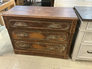 Antique Style Distressed Wooden Three-Drawer Dresser Chest with Green Paint Accents