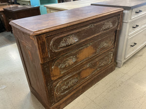 Antique Style Distressed Wooden Three-Drawer Dresser Chest with Green Paint Accents