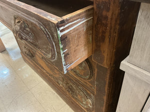 Antique Style Distressed Wooden Three-Drawer Dresser Chest with Green Paint Accents