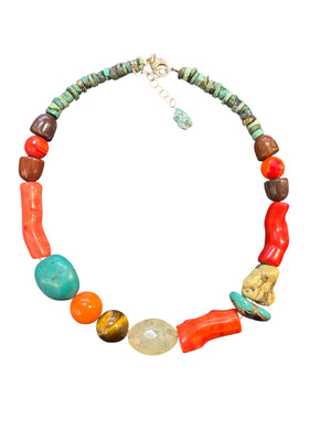 Artisan Turquoise & Mixed-Stone Necklace Turquoise Coral-Style Branch Tiger's Eye Carnelian 925 Sterling Silver Clasp