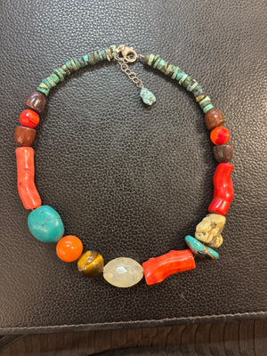 Artisan Turquoise & Mixed-Stone Necklace Turquoise Coral-Style Branch Tiger's Eye Carnelian 925 Sterling Silver Clasp