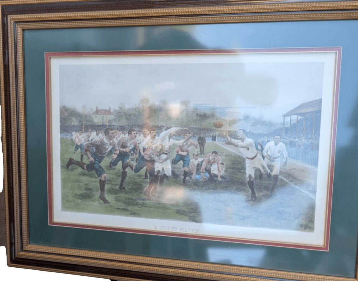 COLLECTED Framed Vintage Hand-Colored Print “A Rugby Match” (Roses Match of 1893) by William Barnes Wollen (1895) — Rugby Artwork