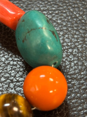 Artisan Turquoise & Mixed-Stone Necklace Turquoise Coral-Style Branch Tiger's Eye Carnelian 925 Sterling Silver Clasp