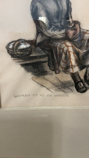 Charcoal Drawing “Woman of 40 on Wagon” Framed Wall Art