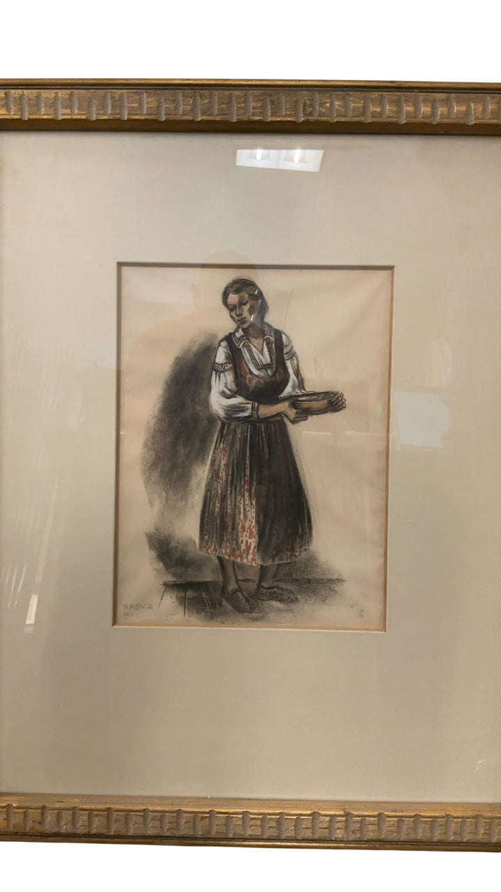 Framed Charcoal Portrait of a European Village Woman  28x34