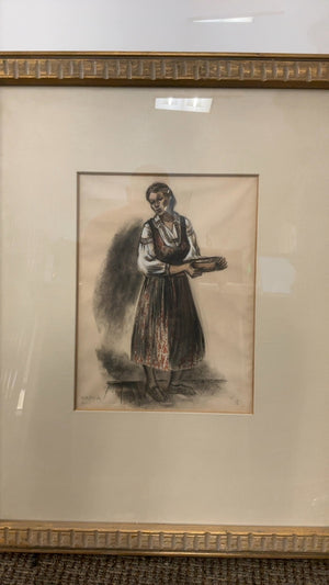 Framed Charcoal Portrait of a European Village Woman  28x34