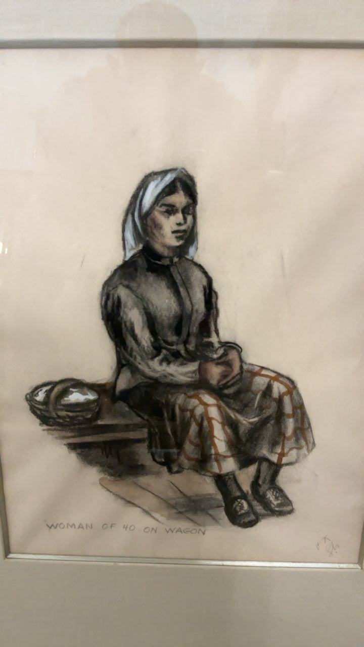 Charcoal Drawing “Woman of 40 on Wagon” Framed Wall Art