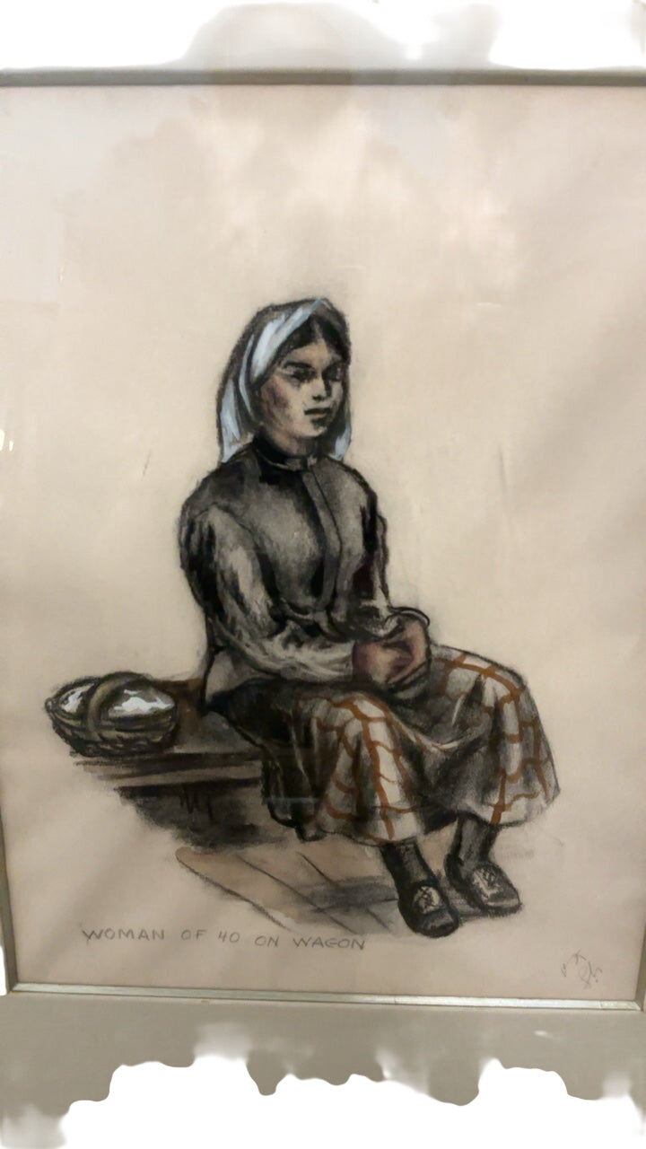 Charcoal Drawing “Woman of 40 on Wagon” Framed Wall Art