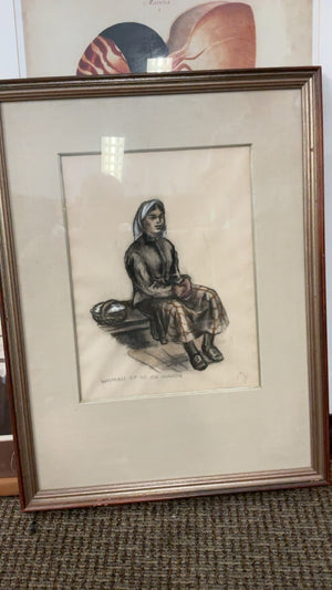 Charcoal Drawing “Woman of 40 on Wagon” Framed Wall Art
