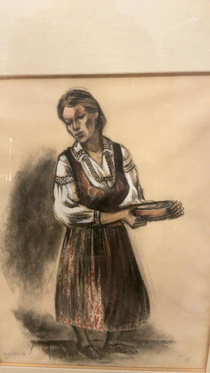 Framed Charcoal Portrait of a European Village Woman  28x34