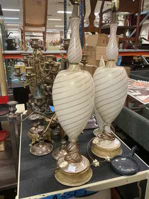 Vintage Italian Seguso Murano White & Gold Swirl Art Glass Table Lamps (pair)