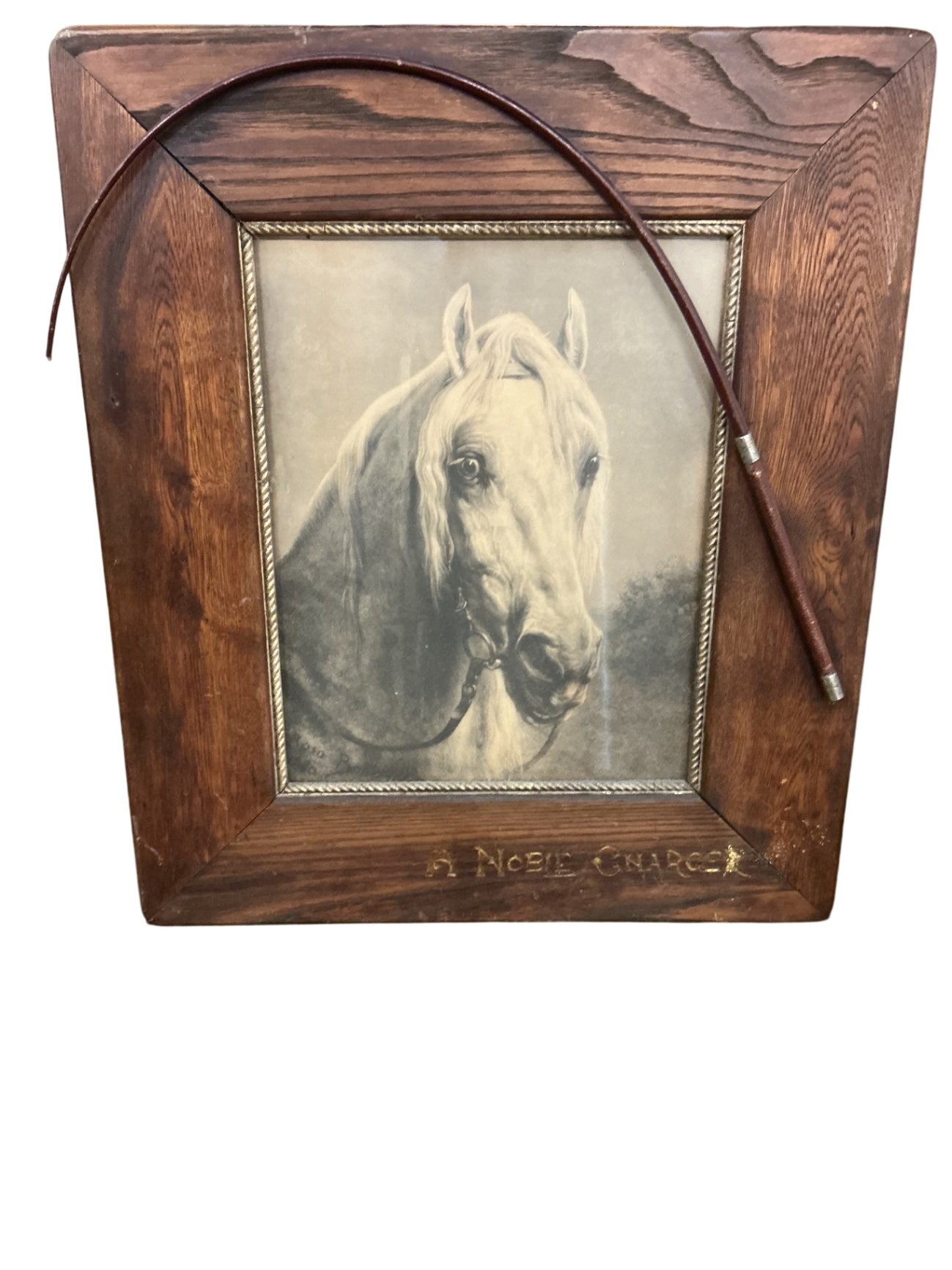 “A Noble Charger” Framed Horse Print with Riding Crop 21 x 25