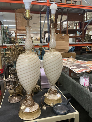 Vintage Italian Seguso Murano White & Gold Swirl Art Glass Table Lamps (pair)