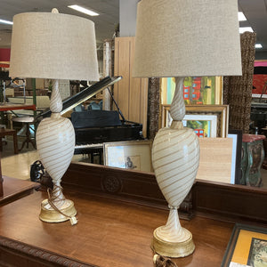 Vintage Italian Seguso Murano White & Gold Swirl Art Glass Table Lamps (pair)