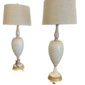 Vintage Italian Seguso Murano White & Gold Swirl Art Glass Table Lamps (pair)