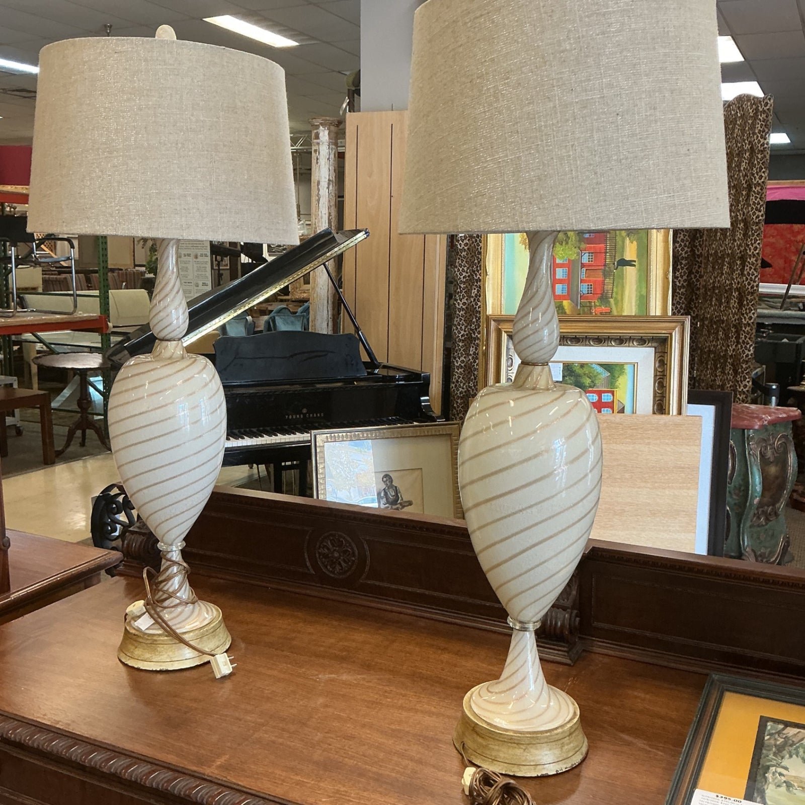 Vintage Italian Seguso Murano White & Gold Swirl Art Glass Table Lamps (pair)