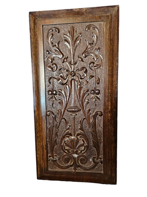 French Walnut Carved Relief Panels 19th Century (Fleur-de-Lis w/ Bow) 11" x 21"