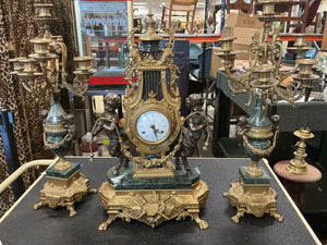 Italian Imperial Gilt Metal & Green Marble Figural Mantel Clock with Cherubs + 2 Candelabras (Made in Italy)