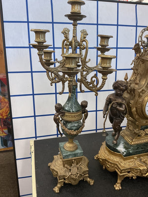 Italian Imperial Gilt Metal & Green Marble Figural Mantel Clock with Cherubs + 2 Candelabras (Made in Italy)