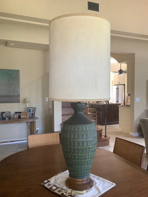 Green and gray brutalist textured ceramic table lamp
